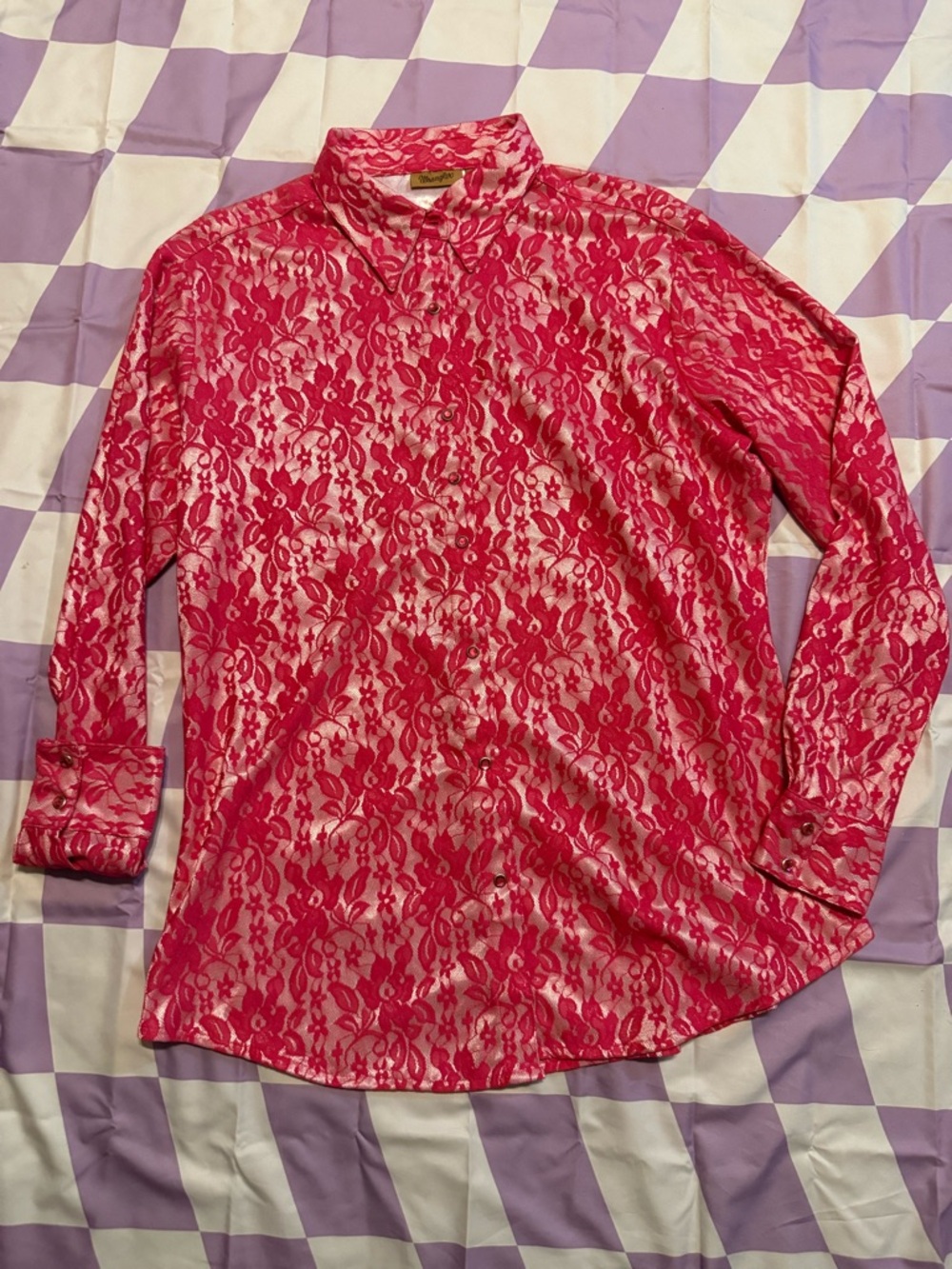Wrangler Western Pink Lace Metallic Snap Front Shirt - Large - Y2K Glam - Picture 2 of 12